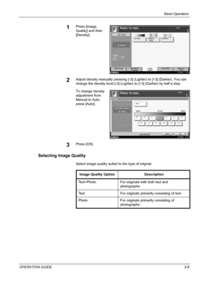 Page 83Basic Operation 
OPERATION GUIDE3-9
1Press [Image 
Quality] and then 
[Density].
2Adjust density manually pressing [-3] (Lighter) to [+3] (Darker). You can 
change the density level [-3] (Lighter) to [+3] (Darker) by half a step.
To change density 
adjustment from 
Manual to Auto, 
press [Auto].
3Press [OK].
Selecting Image Quality
Select image quality suited to the type of original.
St at us10/5/2006    10:10
Image
Quality Set Original. Copy I ma ge
Org./Paper/
Finishing Quick Setup Layout/Edit...