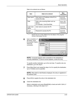 Page 97Basic Operation 
OPERATION GUIDE3-23 Data to be entered are as follows.
6Upon completion of 
all entries, press 
[Connection Test] to 
check the 
connection.
NOTE: Connected appears when connection to the destination is 
correctly established. If Cannot connect appears, review the entry.
To specify another destination, go to the next step. To specify only one 
destination, go to the step 8.
7Press [Next Dest.] and repeat the steps 4 to 6 to specify the destination. 
Up to 10 folders can be specified....