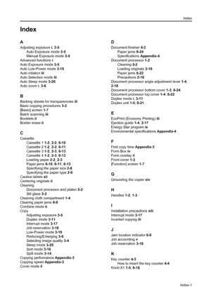 Page 117Index
Index-1
Index
A
Adjusting exposure i, 3-5
Auto Exposure mode 3-5
Manual Exposure mode 3-5
Advanced functions i
Auto Exposure mode 3-5
Auto Low-Power mode 3-19
Auto rotation iii
Auto Selection mode iii
Auto Sleep mode 3-20
Auto zoom i, 3-6
B
Backing sheets for transparencies iii
Basic copying procedures 3-2
[Basic] screen 1-7
Batch scanning iii
Booklets ii
Border erase ii
C
Cassette
Cassette 1 1-2, 2-2, 6-10
Cassette 2 1-2, 2-2, 6-11
Cassette 3 1-2, 2-3, 6-13
Cassette 4 1-2, 2-3, 6-13
Loading paper...