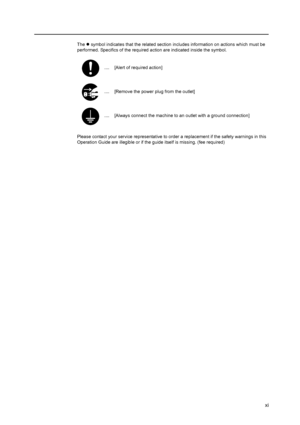 Page 13xi
The z symbol indicates that the related section includes information on actions which must be 
performed. Specifics of the required action are indicated inside the symbol.
Please contact your service representative to order a replacement if the safety warnings in this 
Operation Guide are illegible or if the guide itself is missing. (fee required) .... [Alert of required action]
.... [Remove the power plug from the outlet]
.... [Always connect the machine to an outlet with a ground connection]...