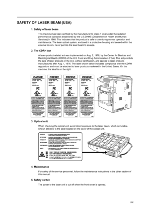 Page 21xix
SAFETY OF LASER BEAM (USA)
1. Safety of laser beam
This machine has been certified by the manufacturer to Class 1 level under the radiation 
performance standards established by the U.S.DHHS (Department of Health and Human 
Services) in 1968. This indicates that the product is safe to use during normal operation and 
maintenance. The laser optical system, enclosed in a protective housing and sealed within the 
external covers, never permits the laser beam to escape.
2. The CDRH Act
A...