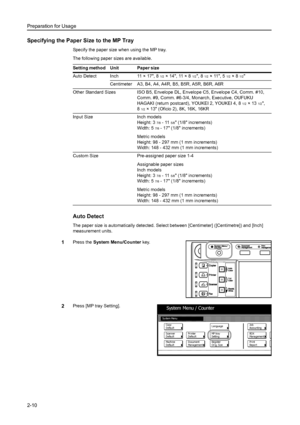 Page 46Preparation for Usage
2-10
Specifying the Paper Size to the MP Tray
Specify the paper size when using the MP tray.
The following paper sizes are available.
Auto Detect
The paper size is automatically detected. Select between [Centimeter] ([Centimetre]) and [Inch] 
measurement units. 
1Press the System Menu/Counter key.
2Press [MP tray Setting].  Setting method Unit Paper size
Auto Detect Inch 11 × 17, 8
1/2×14, 11×81/2, 81/2×11, 51/2×81/2
Centimeter A3, B4, A4, A4R, B5, B5R, A5R, B6R, A6R
Other Standard...