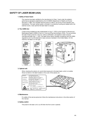 Page 21xix
SAFETY OF LASER BEAM (USA)
1. Safety of laser beam
This machine has been certified by the manufacturer to Class 1 level under the radiation 
performance standards established by the U.S.DHHS (Department of Health and Human 
Services) in 1968. This indicates that the product is safe to use during normal operation and 
maintenance. The laser optical system, enclosed in a protective housing and sealed within the 
external covers, never permits the laser beam to escape.
2. The CDRH Act
A...