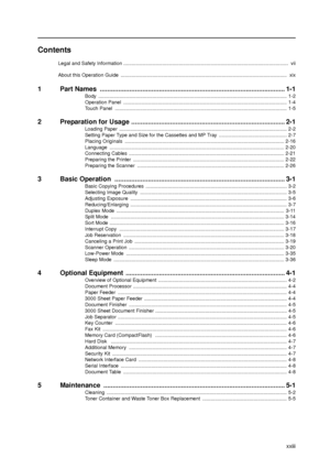 Page 25xxiii
Contents
Legal and Safety Information .......................................................................................................................  vii
About this Operation Guide  ........................................................................................................................  xix
1   Part Names  .................................................................................................... 1-1
Body...