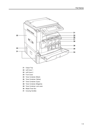 Page 29Part Names
1-3
21Output Tray
22Left Cover 1
23Left Cover 2
24Front Cover
25Toner Container (Black)
26Toner Container (Yellow)
27Toner Container (Cyan)
28Toner Container (Magenta)
29Toner Container Lock Lever
30Waste Toner Box
31Carrying Handles
2221
23
24
25
26
28
27
29
30
31
Downloaded From ManualsPrinter.com Manuals 