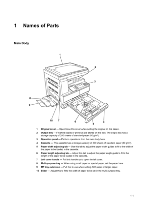 Page 181-1
1 Names of Parts
Main Body
1 Original cover — Open/close this cover when setting the original on the platen.
2 Output tray  — Finished copies or printouts are stored on this tray. The output tray has a 
storage capacity of 250 shee ts of standard paper (80 g/m²).
3 Operation panel  — Perform operations from the main body here.
4 Cassette  — This cassette has a storage capacity of 300 sheets of standard paper (80 g/m²).
5 Paper width adjusting tab  — Use this tab to adjust the paper width guides to...