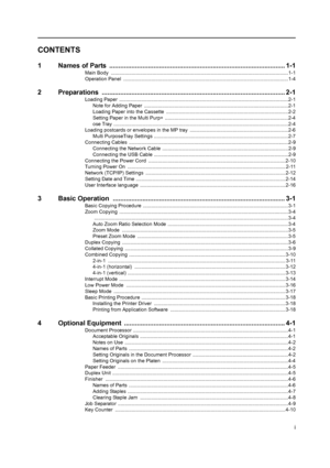 Page 3i
CONTENTS
1 Names of Parts ............................................................................................... 1-1
Main Body  ..................................................................................................................... ...........1-1
Operation Panel  ............................................................................................................... ........1-4
2 Preparations ...............................................................