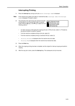 Page 56Basic Operation3-15
Interrupting Printing
1Press the Interrupt key during a print job. Select Interrupt mode  is displayed.
NoteIf the machine has neither print data nor received fax data, Interrupt mode OK  Interrupt 
mode is displayed. Proceed to step 4.
2The example at the right shows the machine has both 
printing data (2) and received FAX data (3) queued 
inside. Press the  S key or the  T key to select from the 
following options:
• To make copying by interrupting the ongoing print  job or FAX...