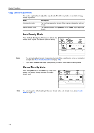 Page 14Copier Functions
1-6
Copy Density Adjustment
This section explains how to adjust the copy density. The following modes are available for copy 
density adjustment.
Auto Density Mode
Press the  Auto Density  key. The machine detects the 
density of the original a nd sets the optimum density.
Notes• You can make adjustments to the auto density mo de if the overall copies come out too dark or 
too light. (See  Auto Density Adjustment  on page3-6.)
• If you select  Photo as the image quality mode, you can not...