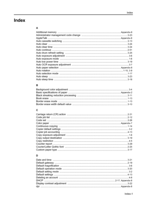 Page 141Index
Index-1
Index
A
Additional memory
 ....................................................................................................... Appendix-8
Administrator management code change ........................................................................... 3-23
AppleTalk ....................................................................................................................... Appendix -8
Auto cassette switching...