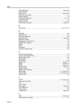 Page 144Index
Index-4
Preprinted paper ........................................................................................................... Appendix-7
Print restriction ........................................................................................................................... 4-6
Printer driver ................................................................................................................ Appendix-10
Printer job accounting...