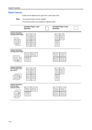 Page 18Copier Functions
1-10
Staple Copying
Copies can be stapled at the upper left or upper right corner.
NoteThe optional finisher must be installed.
The following options are available for stapling copies.
Cassette Paper Load 
DirectionCassette Paper Load 
Direction
Original Orientation: 
Top Edge (Back Edge)
Original Orientation: 
Top Edge (Back Edge)
Original Orientation: 
Left Top Edge (Left 
top corner)
Original Orientation: 
Left Top Edge 
(Left top corner)
Downloaded From ManualsPrinter.com Manuals 