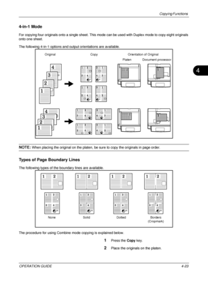 Page 149Copying Functions 
OPERATION GUIDE4-23
4
4-in-1 Mode
For copying four originals onto a single sheet. This mode can be used with Duplex mode to copy eight originals 
onto one sheet.
The following 4-in-1 options and output orientations are available.
NOTE: When placing the original on the platen, be sure to copy the originals in page order.
Types of Page Boundary Lines
The following types of the boundary lines are available.
The procedure for using Combine mode copying is explained below.
1Press the  Copy...