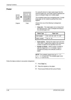 Page 164Copying Functions 
4-38OPERATION GUIDE
Poster
For using this device to make copies larger than the 
maximum paper size, use Poster mode to separate and 
copy an enlarged image onto multiple pages.
The completed copies have overlapping areas. A single 
large page can be created by pasting those areas 
together.
Choose from one of the following 3 enlargement 
settings.
• Copy size – The output paper size is chosen from 
the following sizes. Copy  is enlarged according to 
the selected paper size.
• Zoom...