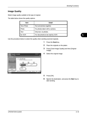 Page 203Sending Functions 
OPERATION GUIDE5-19
5
Image Quality
Select image quality suitable to the type of original.
The table below shows the quality options.
Use the procedure below to select the quality when sending scanned originals.
1Press the  Send key.
2Place the originals on the platen.
3Press [Color/Image Quality] and then [Original 
Image].
4Select the original image.
5Press [OK].
6Specify the destination, and press the  Start key to 
start sending.
Item
Detail
Text+Photo Text and photos together....