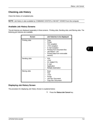 Page 253Status / Job Cancel 
OPERATION GUIDE7-9
7
Checking Job History
Check the history of completed jobs.
NOTE: Job history is also available by COMMAND CENTER or KM-NET VIEWER from the computer.
Available Job History Screens
The job histories are displayed separately in three screens - Printing Jobs, Sending Jobs, and Storing Jobs. The 
following job histories are available.
Displaying Job History Screen
The procedure for displaying Job History Screen is explained below.
1Press the Status/Job Cancel  key....