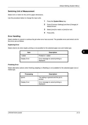 Page 279Default Setting (System Menu) 
OPERATION GUIDE8-15
8
Switching Unit of Measurement 
Select inch or metric for the unit for paper dimensions.
Use the procedure below to change the input units.
1Press the  System Menu  key.
2Press [Common Settings] and then [Change] of 
Measurement. 
3Select [mm] for metric or [inch] for inch. 
4Press [OK].
Error Handling
Select whether to cancel or continue the job when error has occurred. The possible errors and what to do for 
the errors are as follows. 
Duplexing Error...