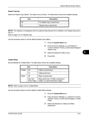 Page 295Default Setting (System Menu) 
OPERATION GUIDE8-31
8
Repeat Copying
Select the Repeat Copy default. The options are as follows. The table below shows the available settings.
NOTE: This setting is not displayed when the optional Data Security Kit is in stalled or the Repeat Copy job is 
set to  0. 
Refer to  page 4-51  for Repeat Copy.
Use the procedure below to set the default Repeat Copy setting.
1Press the  System Menu  key.
2Press [Common Settings], [ ] and [Next] of 
Function Defaults . Press [ ]...