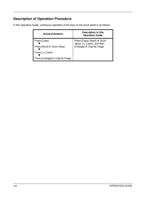 Page 32 
xxxOPERATION GUIDE
Description of Operation Procedure
In this Operation Guide, continuous operation of the keys on the touch panel is as follows:
Actual procedure Description in this
Operation Guide
Press [Copy]. 
Press [Next] of  Quick Setup.

Press [ ] twice. 
Press [Change] of  Original Image.Press [Copy], [Next] of 
Quick 
Setup , [ ] twice, and then 
[Change] of  Original Image .
Downloaded From ManualsPrinter.com Manuals 