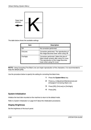 Page 320Default Setting (System Menu) 
8-56OPERATION GUIDE
The table below shows the available settings.
NOTE: Using Correcting Fine Black Line can impair reprod
uction of fine characters. It is recommended to 
keep the default ([Off]).
Use the procedure below to specify the setting for correcting fine black lines.
1Press the System Menu  key.
2Press [ ], [Adjustment/Maintenance] and 
[Change] of Correcting Black Line .
3Press [Off], [On(Low)] or [On(High)].
4Press [OK].
System Initialization
Initialize the hard...