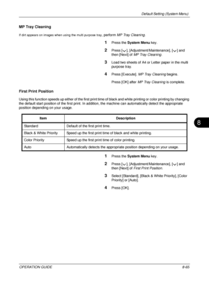 Page 329Default Setting (System Menu) 
OPERATION GUIDE8-65
8
MP Tray Cleaning
If dirt appears on images when using the multi purpose tray, perform MP Tray Cleaning .
1Press the System Menu  key.
2Press [ ], [Adjustment/Maintenance], [ ] and 
then [Next] of MP Tray Cleaning .
3Load two sheets of A4 or Letter paper in the multi 
purpose tray.
4Press [Execute]. MP Tray Cleaning  begins.
Press [OK] after  MP Tray Cleaning  is complete.
First Print Position
Using this function speeds up either of the first print time...