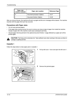 Page 398Troubleshooting 
10-16OPERATION GUIDE
After you remove the jam, the mach
ine will warm up again and the error  message will be cleared. The machine 
resumes with the page which jam has occurred.
Precautions with Paper Jams
• Do not reuse jammed papers.
• If the paper tears during removal, be sure to remove any loose scraps of paper from inside the machine.  Scraps of paper left in the machine could cause subsequent jamming.
• Discard paper that has jammed in t he optional document finisher. A page...