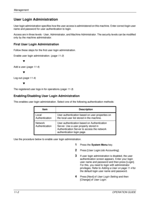 Page 414Management 
11-2OPERATION GUIDE
User Login Administration
User login administration specifies how the user access is administered on this machine. Enter correct login user 
name and password for user authentication to login.
Access are in three levels - User, Administrator, and Mach ine Administrator. The security levels can be modified 
only by the machine administrator.
First User Logi n Administration
Follow these steps for the first user login administration. 
Enable user login administration. ( page...