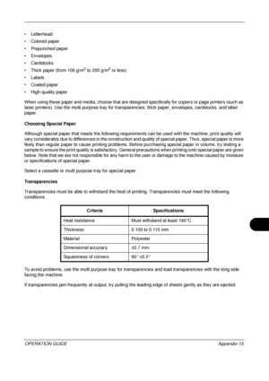 Page 459 
OPERATION GUIDEAppendix-15
• Letterhead
• Colored paper
• Prepunched paper
• Envelopes
• Cardstocks
• Thick paper (from 106 g/m
2 to 200 g/m2 or less)
• Labels
• Coated paper
• High-quality paper
When using these paper and media, choose that are design ed specifically for copiers or page printers (such as 
laser printers). Use the multi purpose tray for transpar encies, thick paper, envelopes, cardstocks, and label 
paper.
Choosing Special Paper
Although special paper that  meets the following requirem...