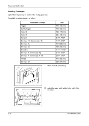 Page 62Preparation before Use 
2-22OPERATION GUIDE
Loading Envelopes
Up to 10 envelopes may be loaded in the multi purpose tray.
Acceptable envelope sizes are as follows.
1Open the multi purpose tray.
2Adjust the paper width guides to the width of the 
envelope.
Acceptable Envelope
Size
Hagaki 148×100 (mm)
Oufuku Hagaki 148×200 (mm)
Youkei 2 162×114 (mm)
Youkei 4 235×105 (mm)
Monarch 3 7/8×7 1/2
Envelope #10 (Commercial #10) 4 1/8×9 1/2
Envelope DL 110×220 (mm)
Envelope C5 162×229 (mm)
Executive 7 1/4×10 1/2...