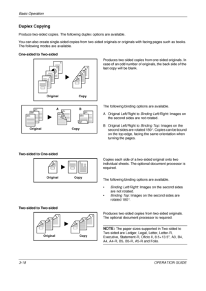 Page 90Basic Operation 
3-18OPERATION GUIDE
Duplex Copying
Produce two-sided copies. The following duplex options are available.
You can also create single-sided copies from two-sided originals or originals with facing pages such as books. 
The following modes are available.
One-sided to Two-sided
Produces two-sided copies from one-sided originals. In 
case of an odd number of originals, the back side of the 
last copy will be blank.
The following binding options are available.
A Original Left/Right to Binding...