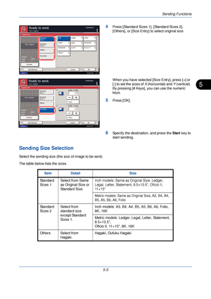 Page 163Sending Functions
5-3
5
4Press [Standard Sizes 1], [Standard Sizes 2], 
[Others], or [Size Entry] to select original size.
When you have selected [Size Entry], press [+] or 
[-] to set the sizes of X (horizontal) and  Y (vertical). 
By pressing [# Keys], you can use the numeric 
keys.
5Press [OK].
6Specify the destination, and press the  Start key to 
start sending.
Sending Size Selection
Select the sending size (the  size of image to be sent).
The table below lists the sizes.
Standard
Sizes 2 Standard...