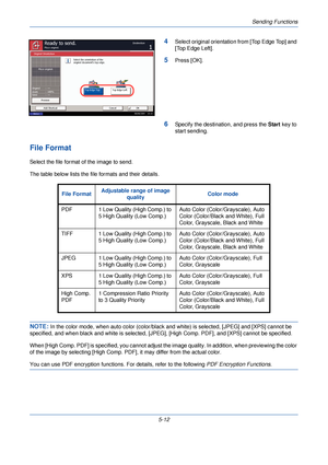 Page 172Sending Functions
5-12
4Select original orientation from [Top Edge Top] and 
[Top Edge Left].
5Press [OK].
6Specify the destination, and press the Start key to 
start sending.
File Format
Select the file format  of the image to send.
The table below lists the file  formats and their details.
NOTE: In the color mode, when auto color (color/black an d white) is selected, [JPEG] and [XPS] cannot be 
specified, and when black and whit e is selected, [JPEG], [High Comp. PD F], and [XPS] cannot be specified....