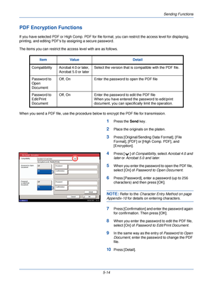 Page 174Sending Functions
5-14
PDF Encryption Functions
If you have selected PDF or High Comp. PDF for file format, you can restrict the access level for displaying, 
printing, and editing PDFs by assigning a secure password.
The items you can restrict the access level with are as follows.
When you send a PDF file, use the procedure bel ow to encrypt the PDF file for transmission.
1Press the Send key.
2Place the originals on the platen.
3Press [Original/Sending  Data Format], [File 
Format], [PDF] or [High Comp....