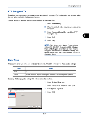 Page 191Sending Functions
5-31
5
FTP Encrypted TX
This allows you to encrypt documents when you send them. If you select [O n] in this option, you can then select 
the encryption method in the basic send screen.
Use the procedure below to scan and send originals as encrypted files.
1Press the  Send Key.
2Place the originals in the document processor or on 
the platen.
3Press [Advanced Setup], [ ], and then [FTP 
Encrypted TX].
4Press [On].
5Press [OK].
NOTE: Click Advanced -> Secure Protocols in the 
COMMAND...