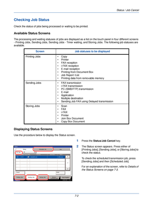 Page 216Status / Job Cancel
7-2
Checking Job Status
Check the status of jobs being processed or waiting to be printed.
Available Status Screens
The processing and waiting statuses of jobs are displayed as a list on the touch panel in four different screens 
- Printing Jobs, Sending Jobs, Sending Jobs - Timer waiting, and Storing Jobs. The following job statuses are 
available.
Displaying Status Screens
Use the procedure below to display the Status screen.
1Press the  Status/Job Cancel  key.
2The Status screen...