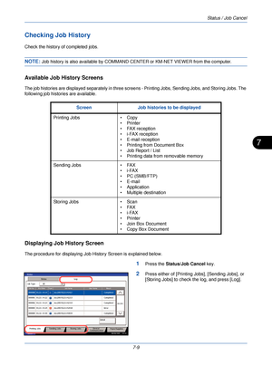 Page 223Status / Job Cancel
7-9
7
Checking Job History
Check the history of completed jobs.
NOTE: Job history is also available by COMMAND CENTER or KM-NET VIEWER from the computer.
Available Job History Screens
The job histories are displayed separately in three screens - Printing Jobs, Sending Jobs, and Storing Jobs. The 
following job histories are available.
Displaying Job History Screen
The procedure for displaying Job History Screen is explained below.
1Press the Status/Job Cancel  key.
2Press either of...