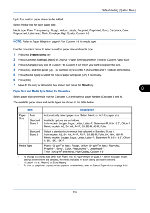 Page 237Default Setting (System Menu)
8-5
8
Up to four custom paper sizes can be added.
Select media type for each paper size.
Media type: Plain, Transparency, Rough, Vellum, Labels, Recycled, Preprinted, Bond, Cardstock, Color, 
Prepunched, Letterhead, Thick, Enve lope, High Quality, Custom 1-8
NOTE: Refer to Paper Weight on page 8-7 for Custom 1-8 for media type.
Use the procedure below to select a  custom paper size and media type.
1Press the System Menu  key.
2Press [Common Settings], [Next] of  Original /...