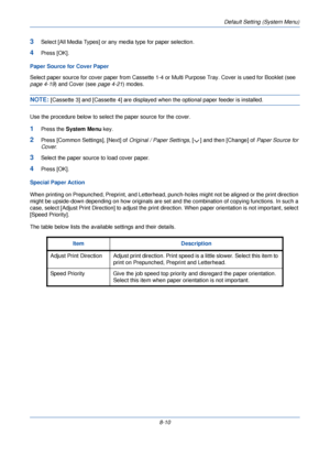 Page 242Default Setting (System Menu)
8-10
3Select [All Media Types] or any media type for paper selection. 
4Press [OK].
Paper Source for Cover Paper
Select paper source for cover paper from Cassette 1-4  or Multi Purpose Tray. Cover is used for Booklet (see 
page 4-19 ) and Cover (see  page 4-21) modes. 
NOTE: [Cassette 3] and [Cassette 4] are displayed wh en the optional paper feeder is installed.
Use the procedure below to select the paper source for the cover.
1Press the  System Menu  key.
2Press [Common...