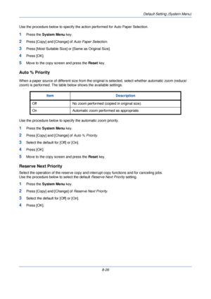 Page 258Default Setting (System Menu)
8-26
Use the procedure below to specify the ac
tion performed for Auto Paper Selection.
1Press the System Menu  key.
2Press [Copy] and [Change] of  Auto Paper Selection.
3Press [Most Suitable Size] or [Same as Original Size].
4Press [OK].
5Move to the copy screen and press the  Reset key.
Auto % Priority
When a paper source of different size from the origin al is selected, select whether automatic zoom (reduce/
zoom) is performed. The table below shows the available...