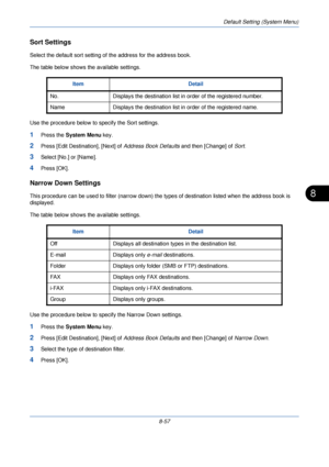 Page 289Default Setting (System Menu)
8-57
8
Sort Settings
Select the default sort setting of the address for the address book.
The table below shows the available settings.
Use the procedure below to specify the Sort settings.
1Press the  System Menu  key.
2Press [Edit Destination], [Next] of  Address Book Defaults and then [Change] of Sort.
3Select [No.] or [Name].
4Press [OK].
Narrow Down Settings
This procedure can be used to filter (narrow down) the types of destination listed when the address book is...