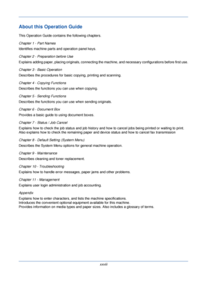 Page 30xxviii
About this Operation Guide
This Operation Guide contains the following chapters.
Chapter 1 - Part Names
Identifies machine parts and operation panel keys.
Chapter 2 - Preparation before Use
Explains adding paper, placing original s, connecting the machine, and necessa ry configurations before first use.
Chapter 3 - Basic Operation
Describes the procedures for basic copying, printing and scanning.
Chapter 4 - Copying Functions
Describes the functions you can use when copying.
Chapter 5 - Sending...