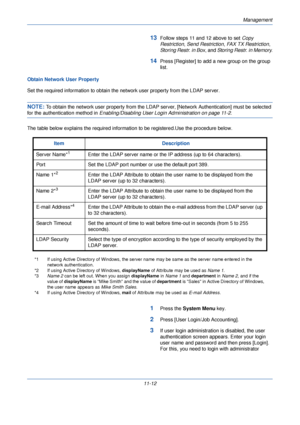 Page 364Management
11-12
13Follow steps 11 and 12 above to set Copy 
Restriction , Send Restriction , FAX TX Restriction , 
Storing Restr. in Box , and Storing Restr. in Memory .
14Press [Register] to add a new group on the group 
list.
Obtain Network User Property
Set the required information to obtain the network user property from the LDAP server.
NOTE: To obtain the network user property from the LDAP  server, [Network Authentication] must be selected 
for the authentication method in Enabling/Disabling User...