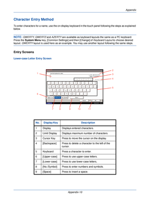 Page 390Appendix
Appendix-10
Character Entry Method
To enter characters for a name, use the on-display keyboard in the touch panel following the steps as explained 
below.
NOTE: QWERTY , QWERTZ  and AZERTY  are available as keyboard layouts the same as a PC keyboard. 
Press the  System Menu  key, [Common Settings] and then [Change] of  Keyboard Layout to choose desired 
layout. QWERTY layout is used here as an example. You may use another layout following the same steps. 
Entry Screens
Lower-case Letter Entry...