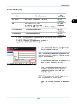 Page 99Basic Operation
3-25
3
For send to folder (FTP)
5Upon completion of all entries, press [Connection 
Test] to check the connection.
NOTE: Connected. appears when connection to the 
destination is correctly established. If  Cannot connect. 
appears, review the entry.
To specify another destination, go to the step 6. To 
specify only one destination, go to step 7.
6Press [Next Dest.] and repeat steps 3 to 5 to 
specify the destination. You can specify a 
combined total of up to 10 FTP and SMB 
destination...