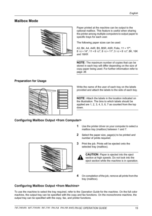 Page 17English 
DF-760(B), MT-720(B), BF-720, PH-5A, PH-5B AND PH-5C OPERATION GUIDE 15
Mailbox Mode
Paper printed at the machine can be output to the 
optional mailbox. This feature is useful when sharing 
the printer among multiple computers to output paper to 
specific trays for each user. 
The following paper sizes can be used:
A3, B4, A4, A4R, B5, B5R, A5R, Folio, 11 
× 17, 
8
1/2 × 14, 11 × 81/2, 81/2 × 11, 51/2 × 81/2, 8K, 16K 
and 16KR
NOTE: The maximum number of copies that can be 
stored in each tray...