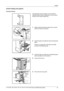 Page 29English 
DF-760(B), MT-720(B), BF-720, PH-5A, PH-5B AND PH-5C OPERATION GUIDE 27
Center-Folding Unit (option)
Conveyor Section
If the illustration shown displays on the machine’s 
operation panel, there is a paper jam in the conveyor 
section of the Center-Folding Unit.
1While pushing the finisher release lever, pull the 
finisher out from the machine. 
2Open the right cover (D8) and remove the jammed 
paper.
If there is no paper jam in the right cover (D8), 
proceed to the following step. 
3Close the...