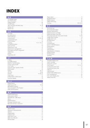 Page 69
7
INDEXINDEX
A, B
Acceptable paper . . . . . . . . . . . . . . . . . . . . . . . . . . . . . . . . . . . . . . . . . . . . . . . .  61[ACCESS] button . . . . . . . . . . . . . . . . . . . . . . . . . . . . . . . . . . . . . . . . . . . . . . . . .  17Adding Staples . . . . . . . . . . . . . . . . . . . . . . . . . . . . . . . . . . . . . . . . . . . . . . . . . . .  46ALARM lamp . . . . . . . . . . . . . . . . . . . . . . . . . . . . . . . . . . . . . . . . . . . . . . . . . . . . .  16Alert...