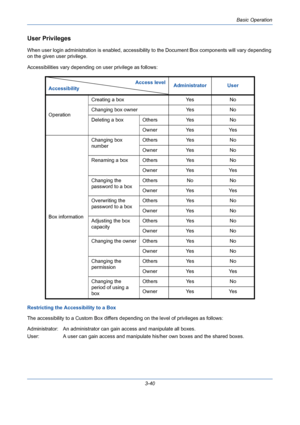 Page 112Basic Operation
3-40
User Privileges
When user login administration is enabled, accessibility to the Document Box components will vary depending 
on the given user privilege.
Accessibilities vary depending on user privilege as follows:
Restricting the Accessibility to a Box
The accessibility to a Custom Box differs depending on the level of privileges as follows:
Administrator:  An administrator can gain access and manipulate all boxes.
User:  A user can gain access and manipulate his/her own boxes and...