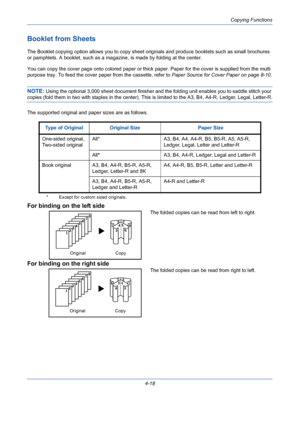 Page 140Copying Functions
4-18
Booklet from Sheets
The Booklet copying option allows you to copy sheet originals and produce booklets such as small brochures 
or pamphlets. A booklet, such as a magazine, is made by folding at the center.
You can copy the cover page onto colored paper or thick paper. Paper for the cover is supplied from the multi 
purpose tray. To feed the cover paper from the cassette, refer to Paper Source for Cover Paper on page 8-10.
NOTE: Using the optional 3,000 sheet document finisher and...