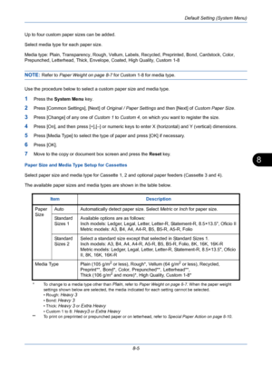 Page 245Default Setting (System Menu)
8-5
8
Up to four custom paper sizes can be added.
Select media type for each paper size.
Media type: Plain, Transparency, Rough, Vellum, Labels, Recycled, Preprinted, Bond, Cardstock, Color, 
Prepunched, Letterhead, Thick, Envelope, Coated, High Quality, Custom 1-8
NOTE: Refer to Paper Weight on page 8-7 for Custom 1-8 for media type.
Use the procedure below to select a custom paper size and media type.
1Press the System Menu key.
2Press [Common Settings], [Next] of Original...